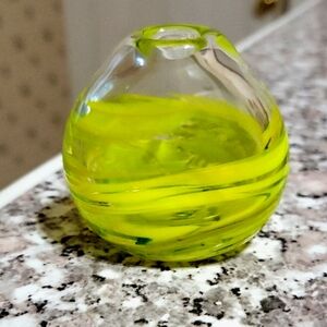 Handblown Hand Signed Glass Vase with Yellow Green Swirl Design